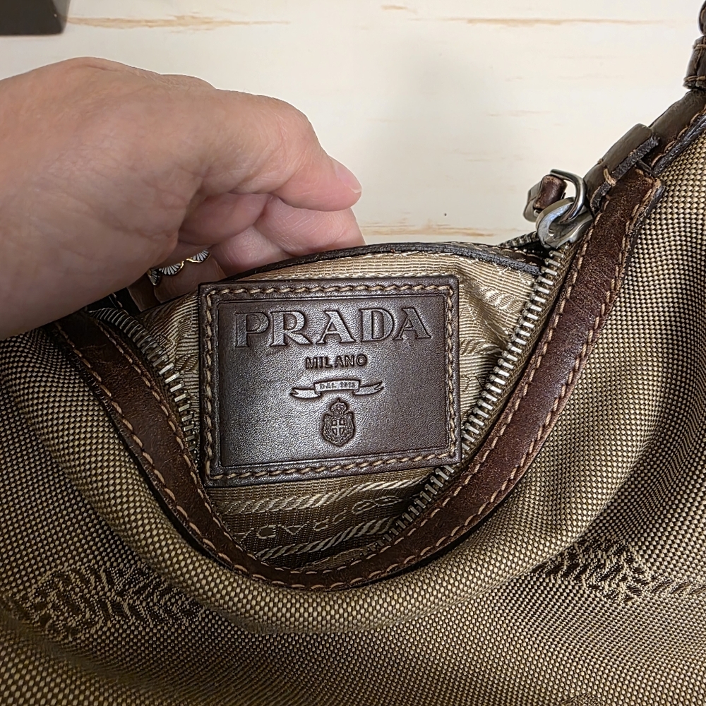 Prada | Small Prada Logo Jacquard Tan Canvas Shoulder/Crossbody  Bag - Picture 10 of 15